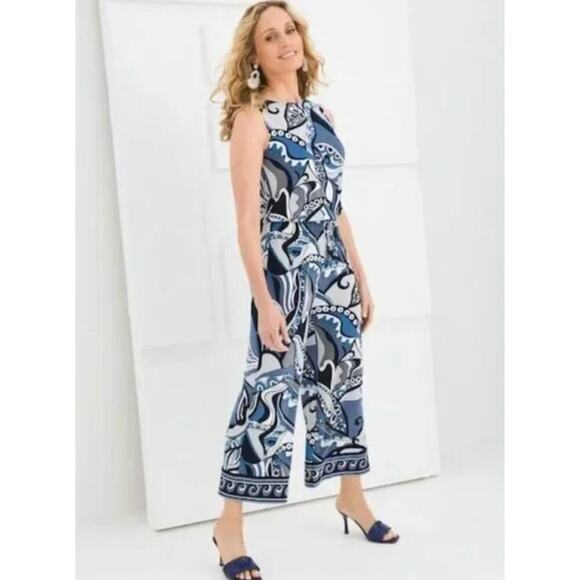 Chico’s Travelers Classic Crop Blue Grey Black Paisley Jumpsuit size 3 US 16 18 - Picture 1 of 12